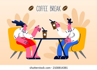 Smiling businesspeople having coffee break from work relax in lounge zone. Happy diverse employees or colleagues rest in cafe on lunch or dinner time. Eating out. Vector illustration. 