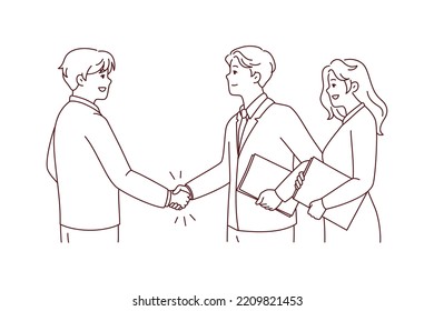 Smiling businesspeople shake hands get acquainted at meeting. Happy business partners handshake close deal or make agreement. Vector illustration. 