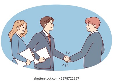 Smiling businesspeople shake hands get acquainted at meeting. Happy business partners handshake close deal or make agreement. Vector illustration.