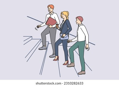 Smiling businesspeople walking stairs to office after coffee break. Happy employee going to workplace together. Teamwork and company. Vector illustration. 