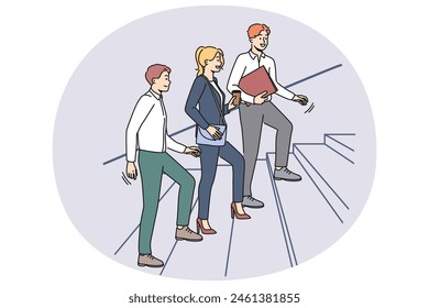 Smiling businesspeople walking stairs to office after coffee break. Happy employee going to workplace together. Teamwork and company. Vector illustration.