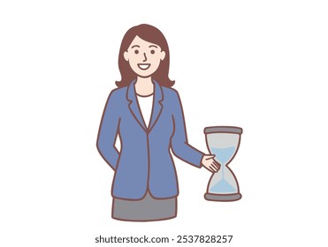 Lächelnde Geschäftsfrau als Verwaltungsleiterin steht und hält eine Sanduhr. Handgezeichnete Vektordesign-Illustrationen.