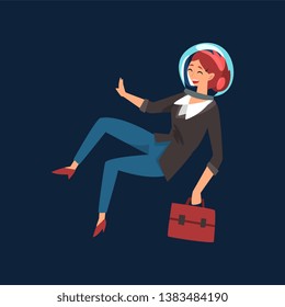 Smiling Businesswoman in Astronaut Helmet Flying in Outer Space with Briefcase Vector Illustration