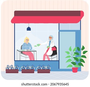 Smiling businesswoman buyer sitting in store giving money to seller. Rich woman hold dollars bills in her hand. Business success concept. Income and high earnings in cash. Richness and poverty