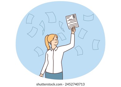 Smiling businesswoman catch job applicant CV from flow of letters. Happy female boss or CEO choose work candidate resume. Employment and hiring. Vector illustration.