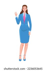 Smiling businesswoman character in formal wear standing and waving her hand, business person at work cartoon vector illustration