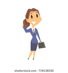 Smiling businesswoman character in formal wear standing with briefcase and waving her hand, business person at work cartoon vector illustration