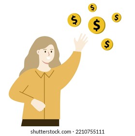 Smiling businesswoman chasing golden coin dollars. Financial, marketing, saving, income, bitcoin, business growth concept.  lat cartoon character vector design illustration.