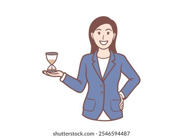 Smiling businesswoman as a clerk manager standing holding an hourglass. Hand drawn style vector design illustrations.