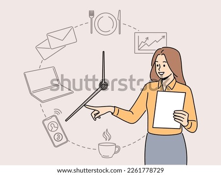 Smiling businesswoman with clock pointing at different activities. Happy female employee or worker engaged in time management. Vector illustration. 