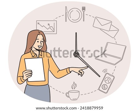 Smiling businesswoman with clock pointing at different activities. Happy female employee or worker engaged in time management. Vector illustration.
