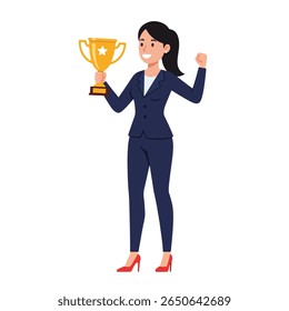 Uma empresária sorridente de terno azul escuro celebra a vitória, segurando um troféu de ouro no alto com uma mão e uma bomba de punho na outra.