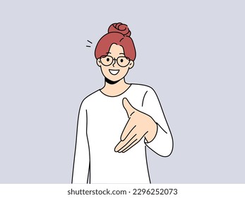 Smiling businesswoman in glasses stretch hand to camera get acquainted with applicant or candidate. Happy woman greeting with handshake. Collaboration and acquaintance. Vector illustration. 