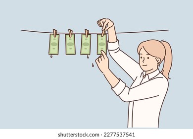 Smiling businesswoman hanging banknotes on ropes involved in money laundering. Female employee launder finances. Corruption and tax evasion. Vector illustration. 