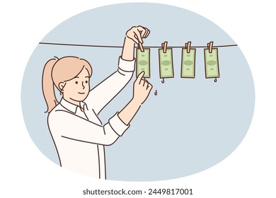 Smiling businesswoman hanging banknotes on ropes involved in money laundering. Female employee launder finances. Corruption and tax evasion. Vector illustration.