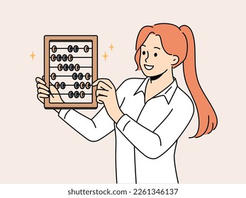 Smiling businesswoman hold abacus in hands. Happy female accountant or worker with old counting tool. Vector illustration. 