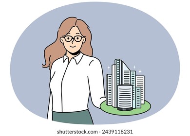 Smiling businesswoman hold building model on hand work in real estate. Happy confident broker or agent recommend property loan or mortgage. Realty and rent. Vector illustration.