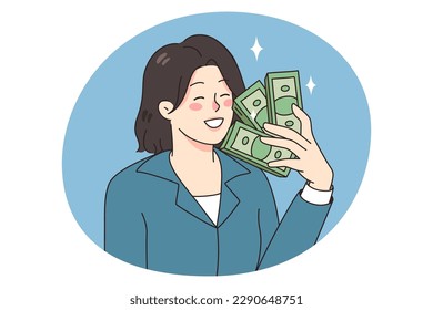 Smiling businesswoman hold dollar banknotes in hands excited with job promotion and salary raise. Happy woman employee with money bills overjoyed with wage rise. Flat vector illustration.