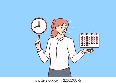 Smiling businesswoman hold finished schedule point at clock. Happy woman employee with good time management skills finish tasks on plan. Vector illustration. 