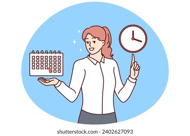 Smiling businesswoman hold finished schedule point at clock. Happy woman employee with good time management skills finish tasks on plan. Vector illustration.