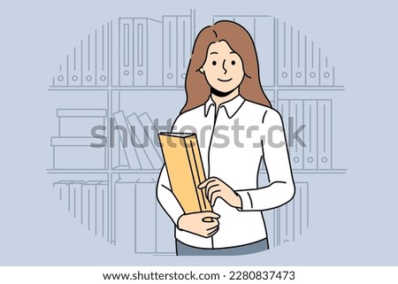 Smiling businesswoman hold folder in hands posing on office. Woman lawyer or manager stand near bookshelf with official documents. Vector illustration. 