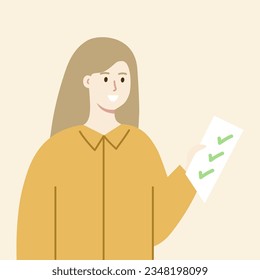 Smiling businesswoman holding checklist report. Business, achievement, performance, productivity, task concepts. Flat character vector design illustration isolated on background.