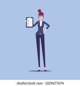 Smiling businesswoman holding a clipboard with a check list and marked items in it vector flat illustration.Happy woman clerk noted all the items in the check list.