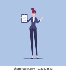 Smiling businesswoman holding in her hand a signed contract and showing thumbs up. A happy woman in formal wear and glasses is happy to sign the agreement vector flat illustration