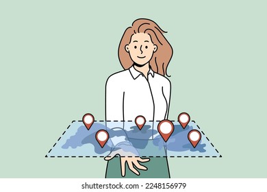 Smiling businesswoman holding map with marked locations on hand. Happy woman look at digital plan with GPS marks. Vector illustration. 