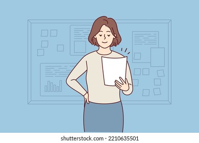 Smiling Businesswoman Holding Paper Work Stand Near Board Making Presentation. Happy Female Boss Present Business Project In Office. Vector Illustration. 