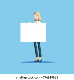 Smiling businesswoman holding a whiteboard vector flat illustration. Cute female character standing with a template in hand.