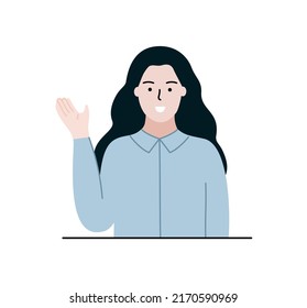 Smiling businesswoman introducing. Business Presentation, information guidance concept. Flat cartoon style vector design illustration isolated on white background.
