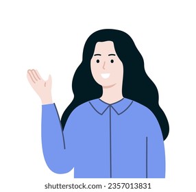 Smiling businesswoman introducing. Business, presentation, information guidance concept. Use for website, app. Flat character vector design illustration isolated on white background