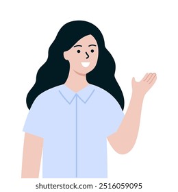 Smiling businesswoman introducing. Business Presentation, information guidance concept. Use for website, app. Flat vector character design illustration isolated on white background.