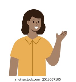 Smiling businesswoman introducing. Business Presentation, information guidance concept. Use for website, app. Flat vector character design illustration isolated on white background.