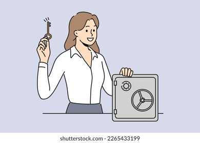 Smiling businesswoman with key standing near strongbox. Happy female employee open safe. Vector illustration. 