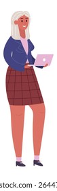Smiling businesswoman with long white hair, wearing a blue jacket and a long checkered skirt, is holding a pink laptop while standing still and looking away