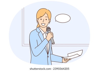 Smiling businesswoman with microphone making presentation in office. Happy female speaker or coach talk in mic present project on whiteboard. Vector illustration.