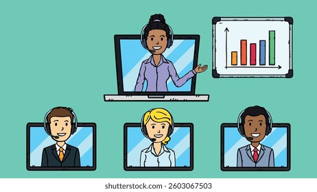 Smiling businesswoman on laptop at flipchart. Below on tablets are photos of colleagues from work. Virtual team meeting. Online chat. Vector graphics in sketch style.