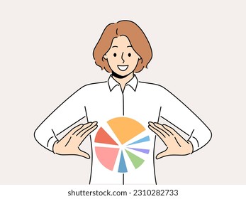 Smiling businesswoman with pie chart diagram in hands. Happy female employee with circle diagram. Business analytics and statistics. Vector illustration. 
