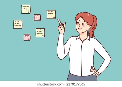 Smiling businesswoman point at sticky notes with numbers planning tasks. Happy woman prioritize to do list, share work schedule. Time management concept. Vector illustration. 