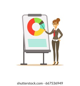 Smiling businesswoman pointing at a whiteboard with chart at a presentation, vector Illustration