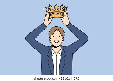 Smiling businesswoman put golden crown on head. Happy male employee coronated. Royalty and leadership. Vector illustration. 