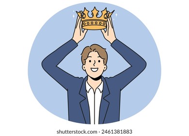 Smiling businesswoman put golden crown on head. Happy male employee coronated. Royalty and leadership. Vector illustration.