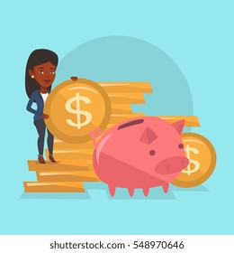 Smiling businesswoman putting money in a big pink piggy bank. An african-american businesswoman saving her money in piggy bank. Concept of saving money. Vector flat design illustration. Square layout.