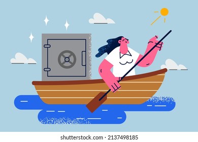 Smiling businesswoman sail in boat with strongbox. Happy confident woman employee with vault in ship escape with money. Finance crime and laundering. Corruption. Vector illustration. 