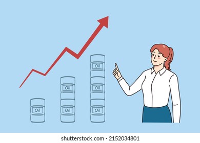 Smiling businesswoman show oil and gas prices rise on stock market. Female employee demonstrate increase in fuel and petroleum on graph or chart. Gasoline stocks. Vector illustration. 