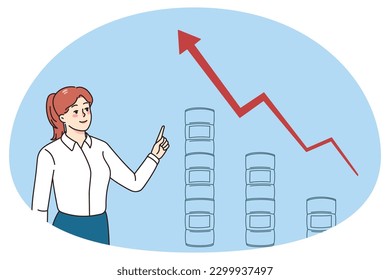 Smiling businesswoman show oil and gas prices rise on stock market. Female employee demonstrate increase in fuel and petroleum on graph or chart. Gasoline stocks. Vector illustration.