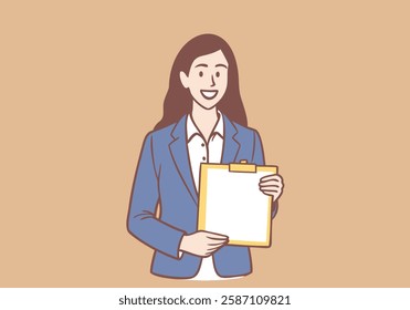 Smiling businesswoman showing folder with white mockup paper. Hand drawn style vector design illustrations.