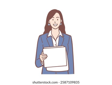 Smiling businesswoman showing folder with white mockup paper. Hand drawn style vector design illustrations.